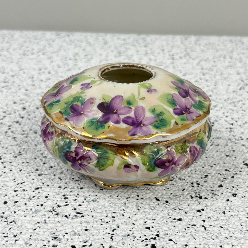 Antique Porcelain Hair Receiver Hand Painted Flowers Floral Gold Gilt Vanity